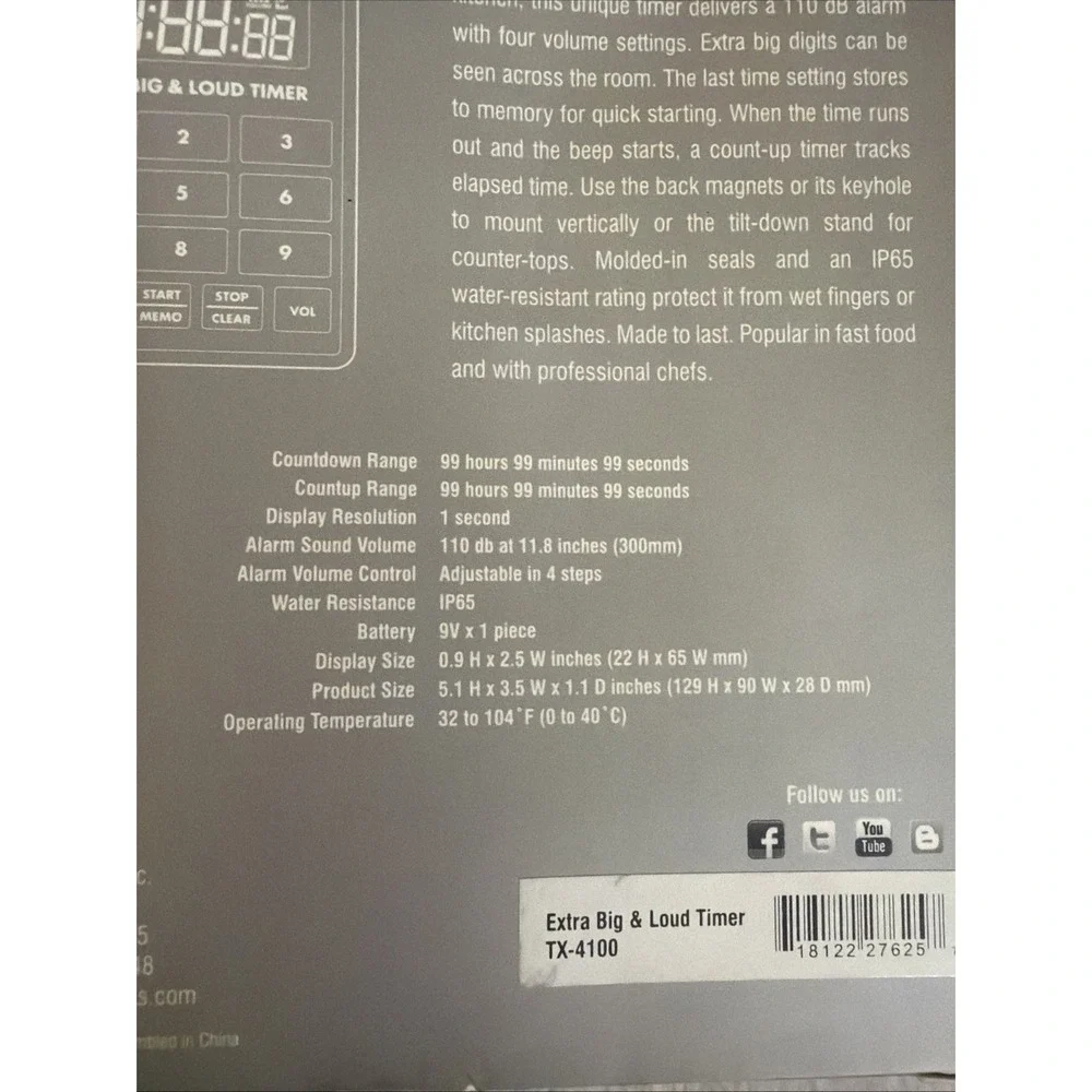 ThermoWorks Extra Big & Loud Kitchen Timer Dark Gray 5.1 x 3.5 in NIB New TX4100